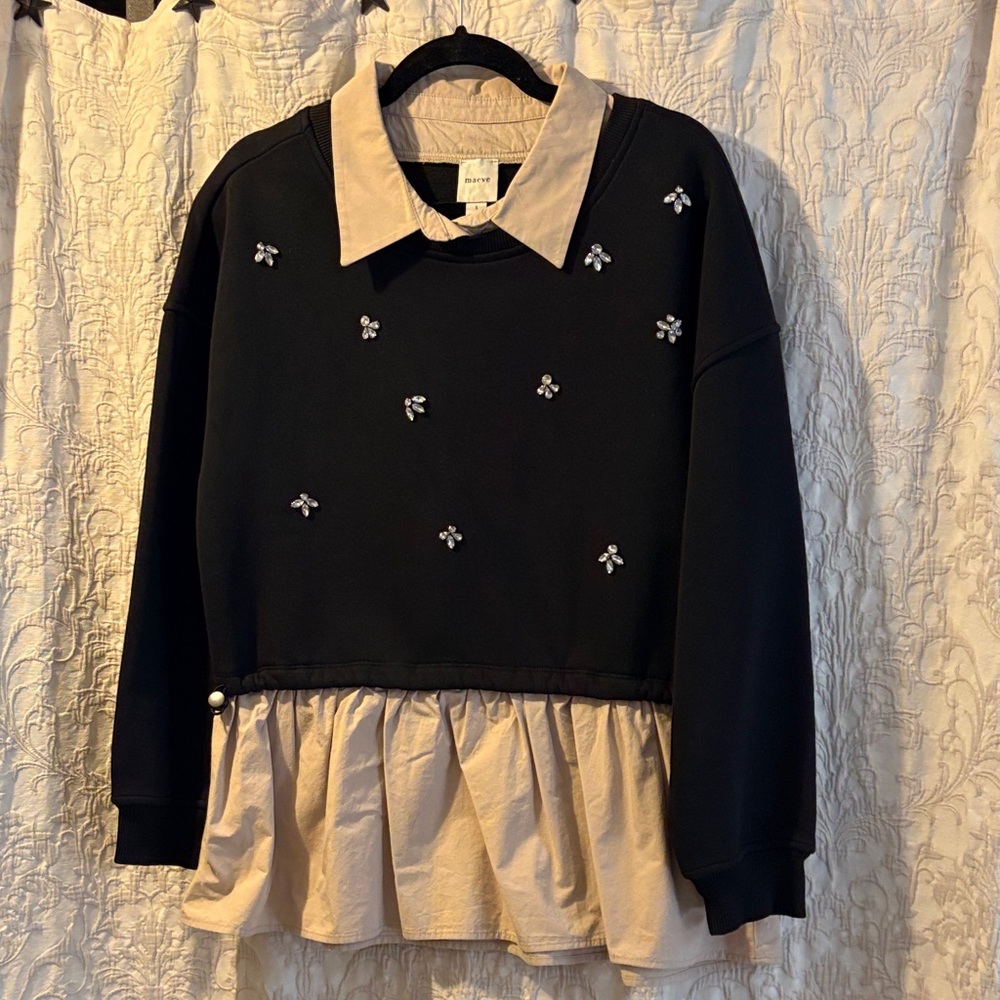 Maeve Black and Cream Collar Top by Anthropologie
